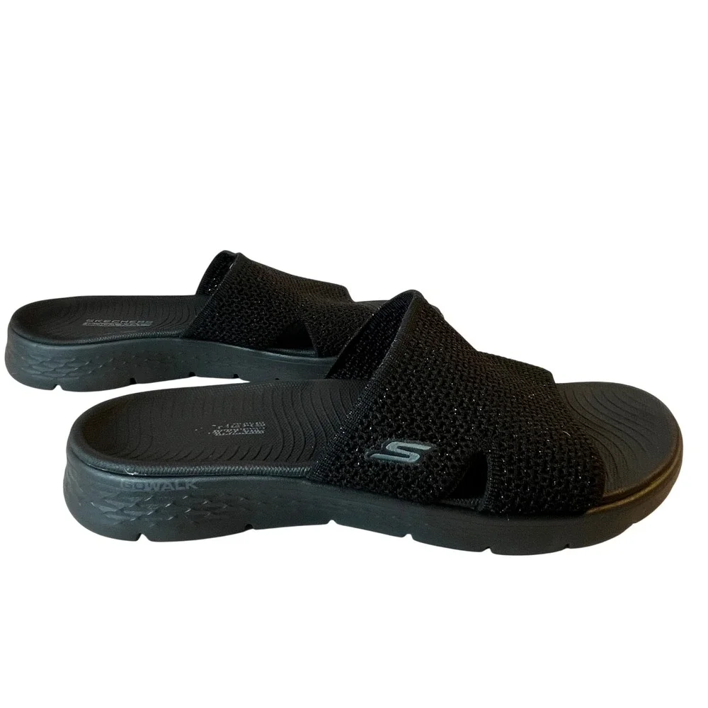 Skechers GoWalk Goga Mat Black Shimmer Knit Slide Sandals 141449W Womens 10 Wide